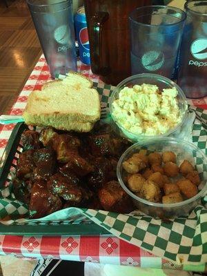 Ribs tips, fried okra, and potato salad. LAWD!!!