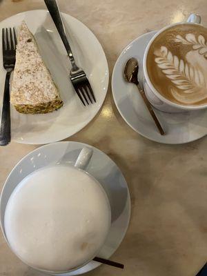 Cappuccino, pistachio cake, Latte