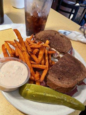 Classic Ruben with sweet potato fries