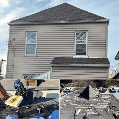 On bottom, the old dry-rot roof, showing signs of weathered. On top, a fresh and sleek new shingle roof, transforming the entire look.