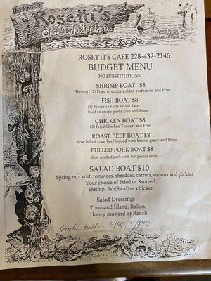 Budget Menu for Lunch- price includes tax