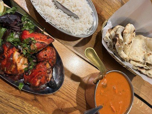 Rice, regular naan, chicken tikka masala, chicken tandoori