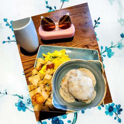 Turkey sausage gravy and biscuit.