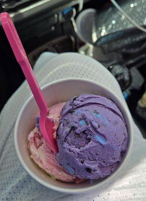 Double scoop in a cup of each new IF flavors--Blue's Boardwalk Bash & Blossom Berry Twirl.  BR x IF. Yummy!