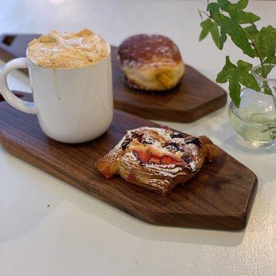 Berry croissant, pumpkin cream filled brioche donut, and pumpkin spice latte with homemade whipped cream