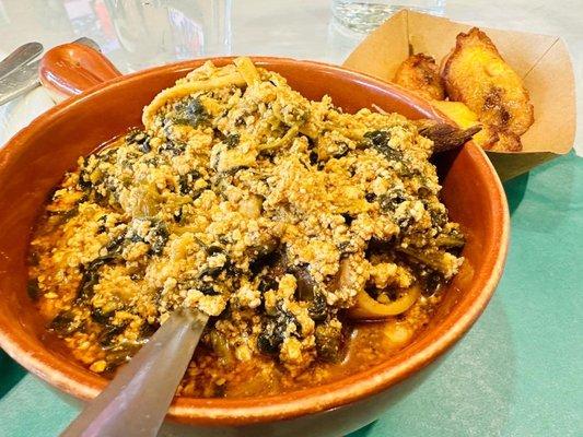 Egusi Stew with goat, tripe, beef and plantains