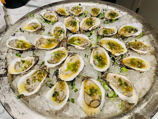 Washington Oysters on the Half shell, Lilikoi Passion Fruit Hawaiian Chili Mignonette