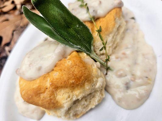 Northwoods Biscuits and Gravy
 
 "Buttermilk Biscuit, Country Gravy, Orange Blossom Honey, Black Tellicherry Pepper"