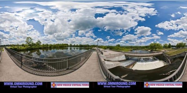 Walkway over a dam on the Mississippi river panorama converted from a 360 virtual tour.