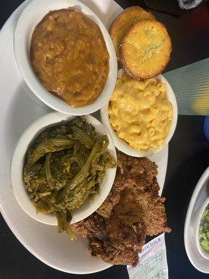 Fried chicken, turnip greens, mac n cheese, sweet potatoes and jalapeno cornbread