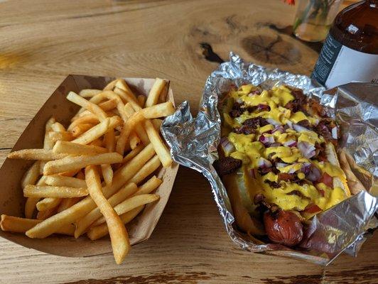 Bacon cheddar dog and french fries