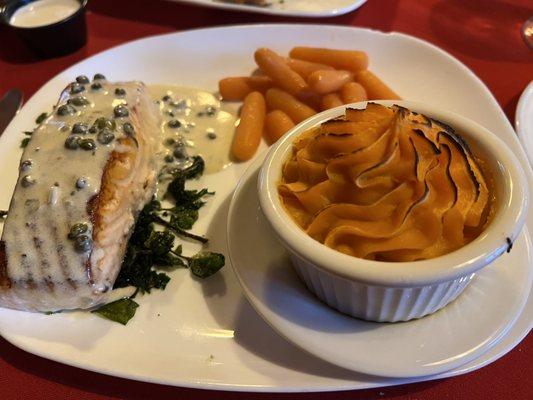 Salmon with cream sauce, and capers, sweet potato casserole