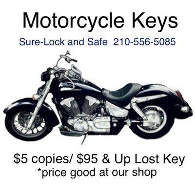 Motorcycle keys at low prices! Call Sure-Lock and Safe for the best prices on motorcycle keys in San Antonio!