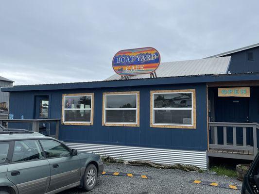 Front of cafe inside boat yard