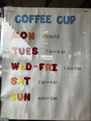 Coffee Cups updated hours as December 2023