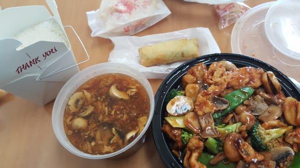 Chicken Four Seasons, hot n sour soup, & spring roll