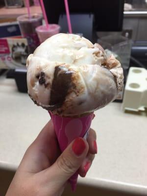 Brownie sundae single scoop on sugar cone