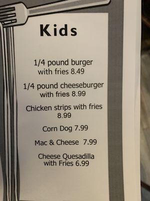 Kid's menu