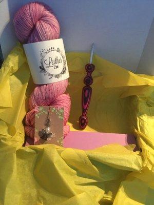 Custom made crochet hook and hand dyed yarn