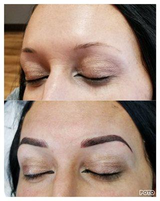 Combination of microbladed strokes for hair like texture and permanent makeup machine for its effectiveness for shading.