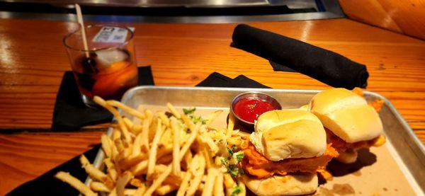 Old Fashioned cocktail and Buffalo Chicken Sliders with  Parmesan Fries