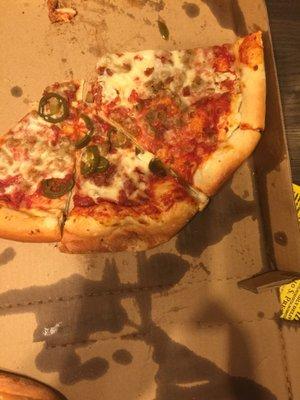 2 Large 3-Toppings Pizzas.  Uneven toppings, burnt on bottom, greasy box