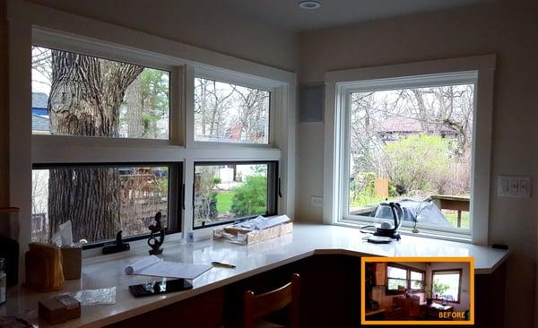 We Enlarged the left Windows, added a countertop and lower cabinets for a gorgeous seating area!