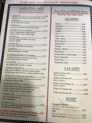 Menu as of 10/05/17