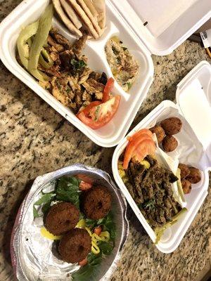 Left -  shawarma platter - chicken w/ pita & Baba Ganoush  Right - shawarma platter - beef with hush puppies & rice   Bottom - Falafel