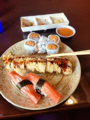 Crab sushi, fried st louis roll, and spicy tuna roll