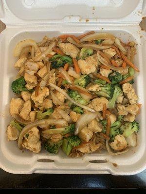 Chicken Breast, five vegetables and teriyaki sauce and sweet and sour dipping sauce.