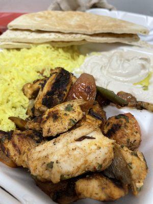 Chicken Kabob Dinner with rice and hummus