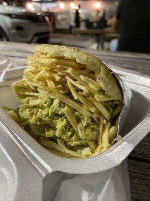 Avocado chicken Mayo arepa with potato sticks