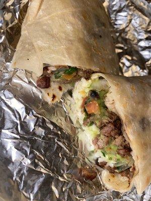 Inside of carne asada burrito