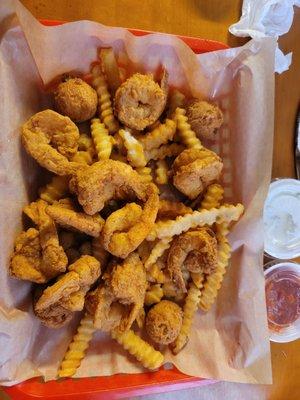 Perfect fried shrimp, might be the best hush puppies ever.