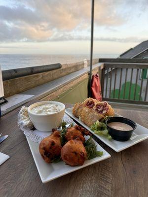 Clam Chowder and Clam Cakes & Reuben Eggrolls on the Upper Deck