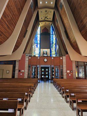 Interior view back towards the entrance at the rear