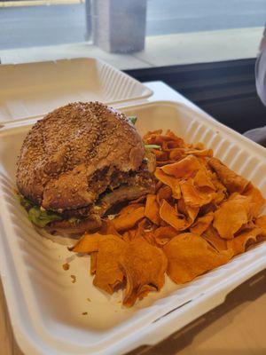 Sweet Potatoes black bean burger with side of fresh cut sweet potato chips