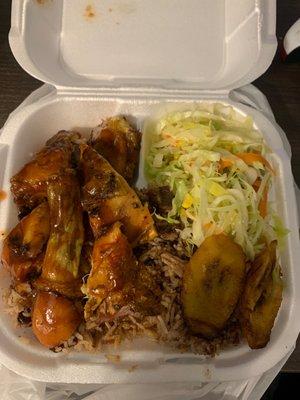 Jerk Chicken, rice n peas, steamed cabbage.