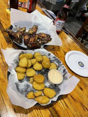 Fried Pickle Chips.. Wings in cajun ranch, well done kitty's