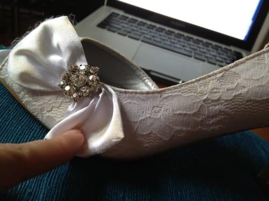 The messed up my bridal shoes. Fluffed the bow, patchy and incomplete dying. They look like if i stepped in muddy water.