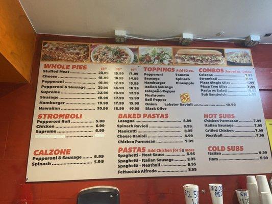 Menu items on the pizzeria