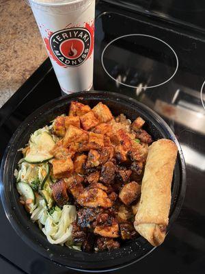 Two Protein Bowl- Large Size Only 1/2 Spicy Chicken Teriyaki and 1/2 Spicy Tofu  1/2 Veggies and 1/2 Fried Rice  1 egg roll  Medium drink