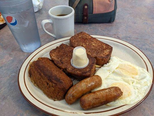 Short stack Banana Bread French Toast, Eggs Over Light, Links