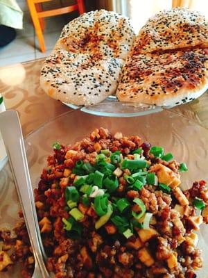 Yum--sesame bread pockets with pork and tofu