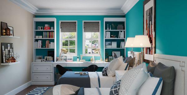 Tween bedroom in Sherwin Williams Maxi Teal, beige, and white accents makes the perfect Florida statement.