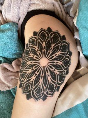 Hip/Thigh mandala tattoo, designed and tattooed by Kyle