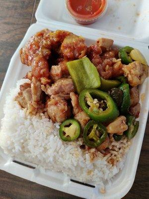 White rice + orange chicken + jalapeño chicken (12 bucks)