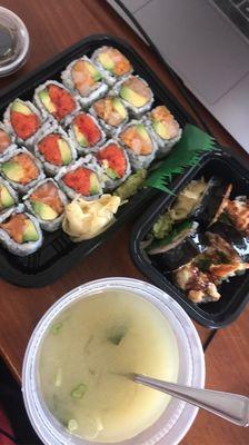 Spicy Trio Roll, Miso Soup, and Spider Roll