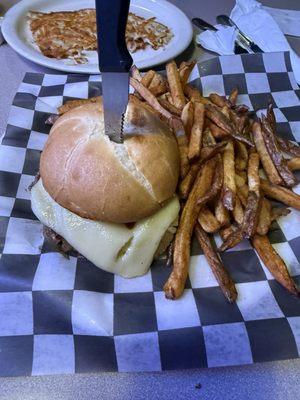 Burger Fries and hash browns